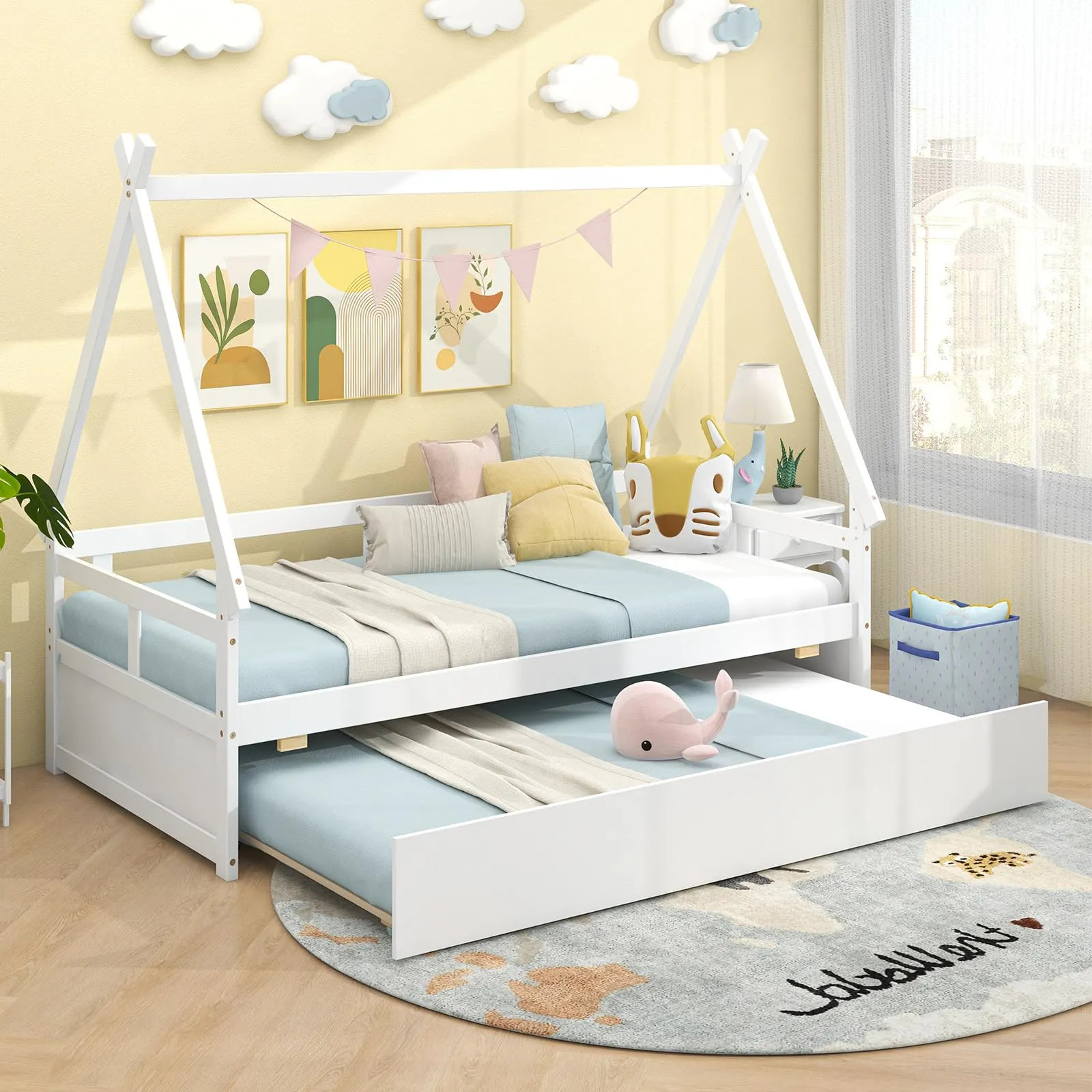 Giantex Twin House Bed with Trundle, Wood Montessori Tent Bed Frame with Safety Guardrail