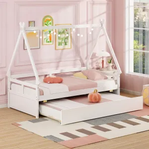Giantex Twin House Bed with Trundle, Wood Montessori Tent Bed Frame with Safety Guardrail bed frame, queen bed