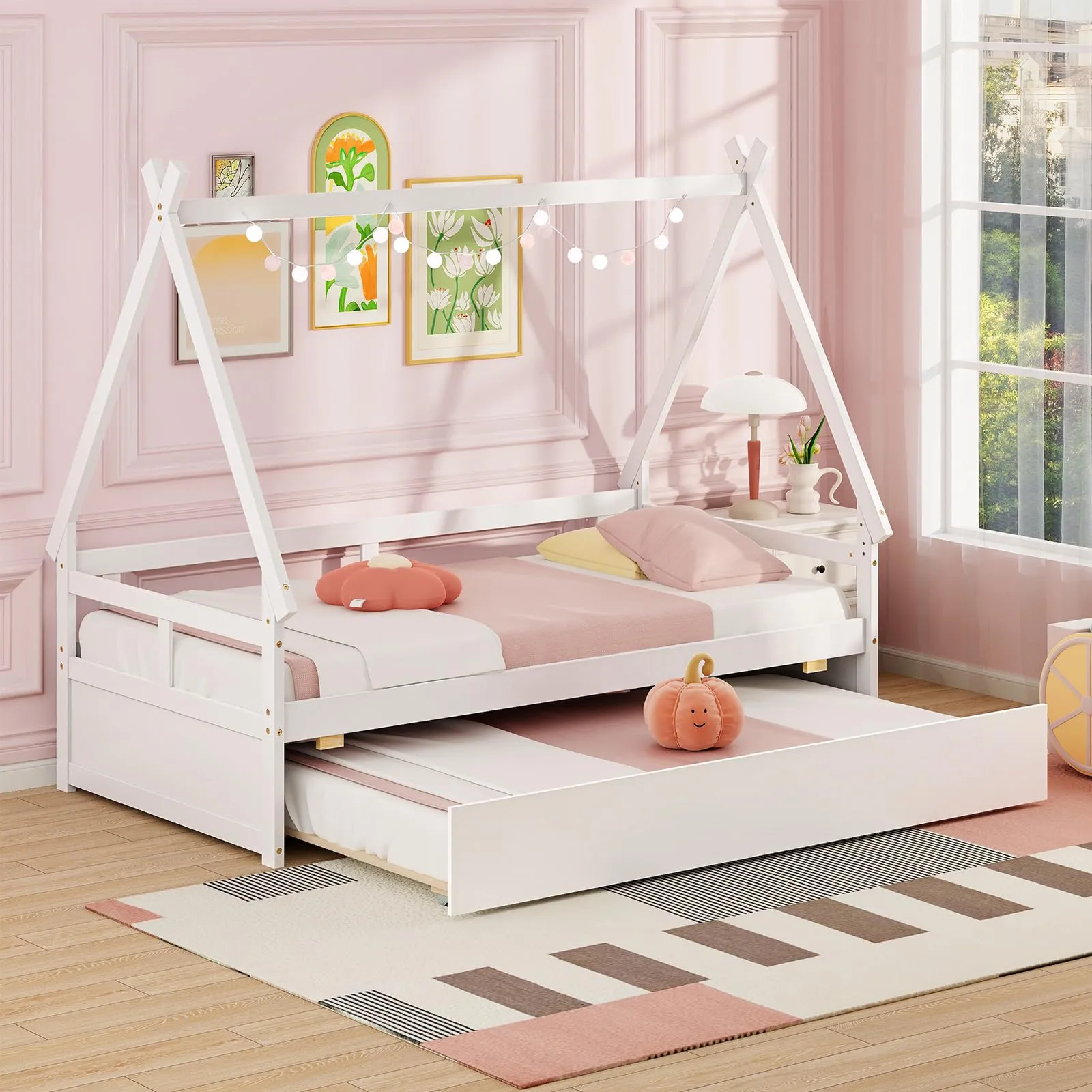 Giantex Twin House Bed with Trundle, Wood Montessori Tent Bed Frame with Safety Guardrail bed frame, queen bed