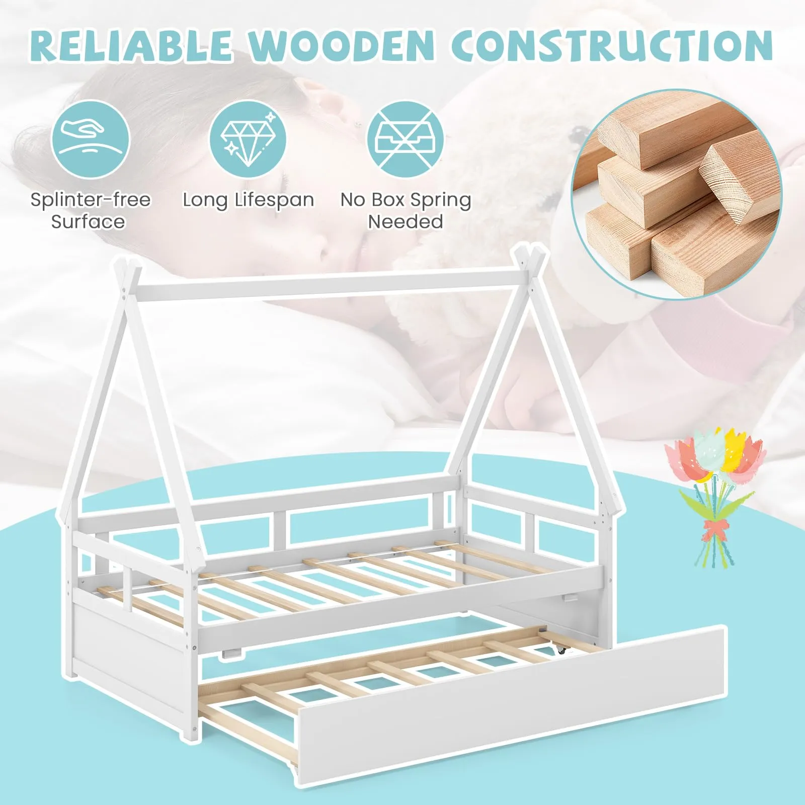 Giantex Twin House Bed with Trundle, Wood Montessori Tent Bed Frame with Safety Guardrail