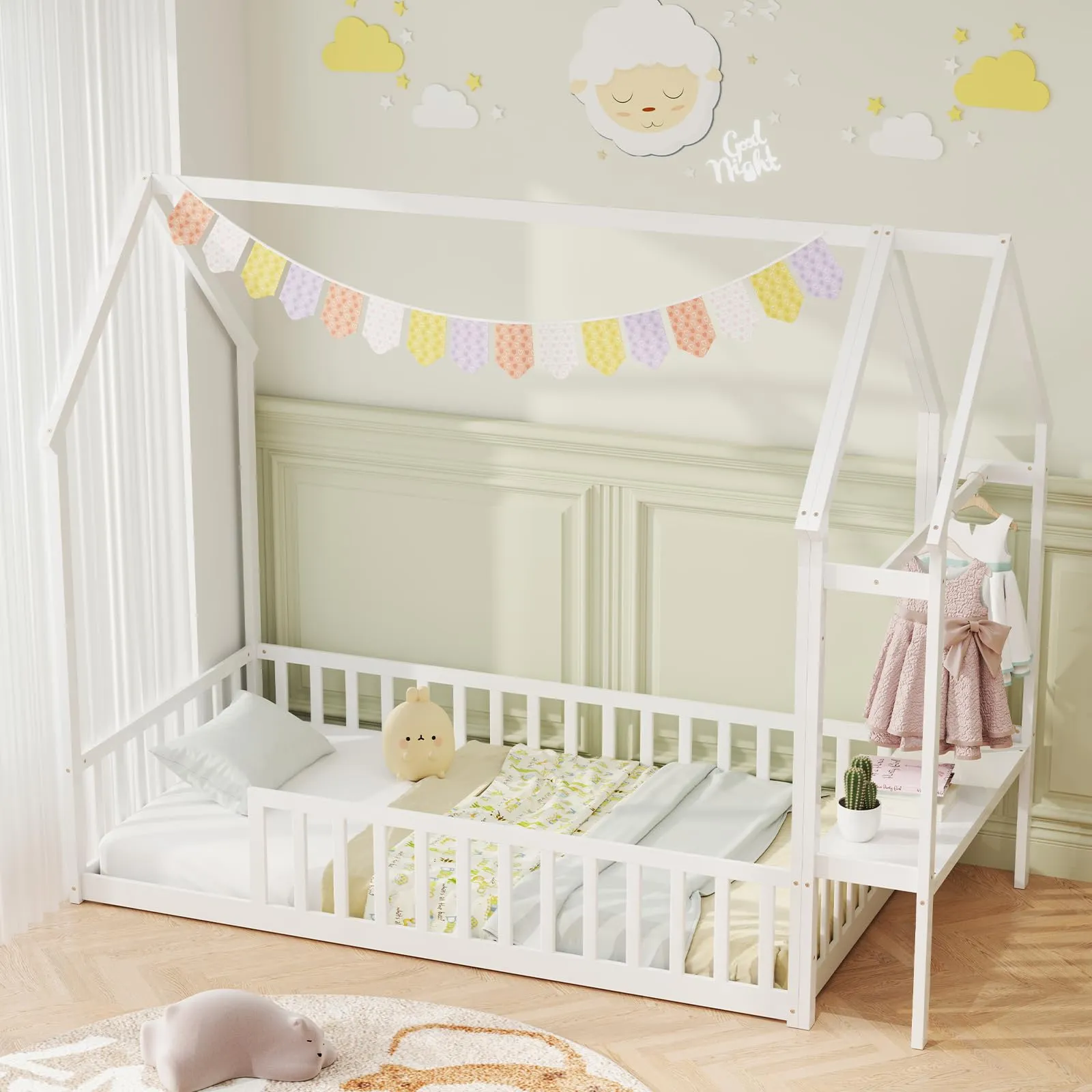 Giantex Twin House Floor Bed, Solid Wood Montessori Floor Bed with Detachable Storage Shelf & Clothes Hanger bed frame, queen bed