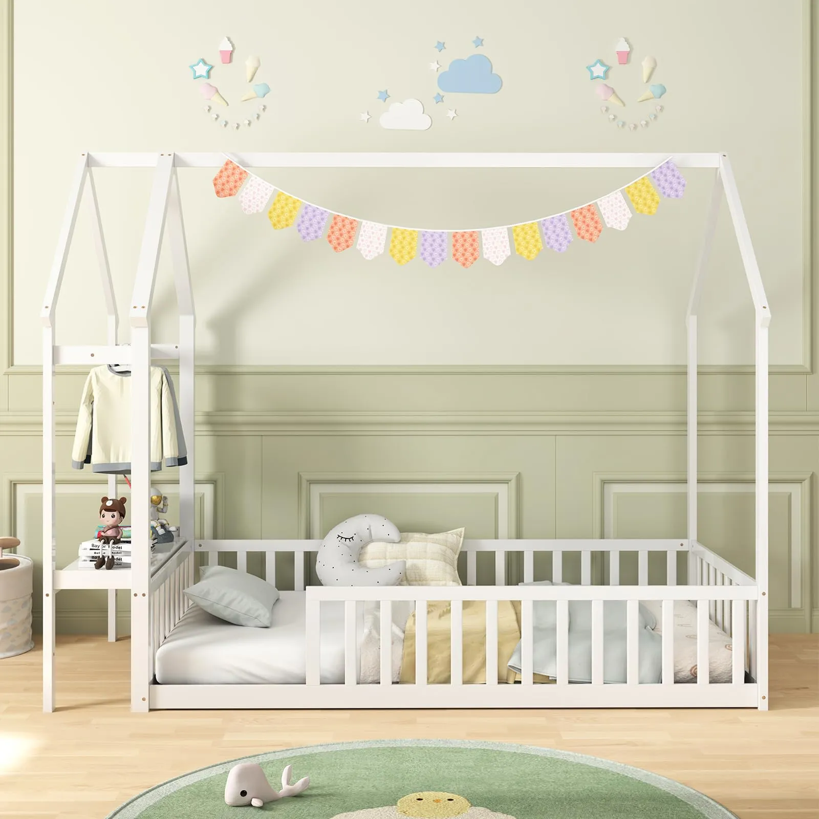 Giantex Twin House Floor Bed, Solid Wood Montessori Floor Bed with Detachable Storage Shelf & Clothes Hanger