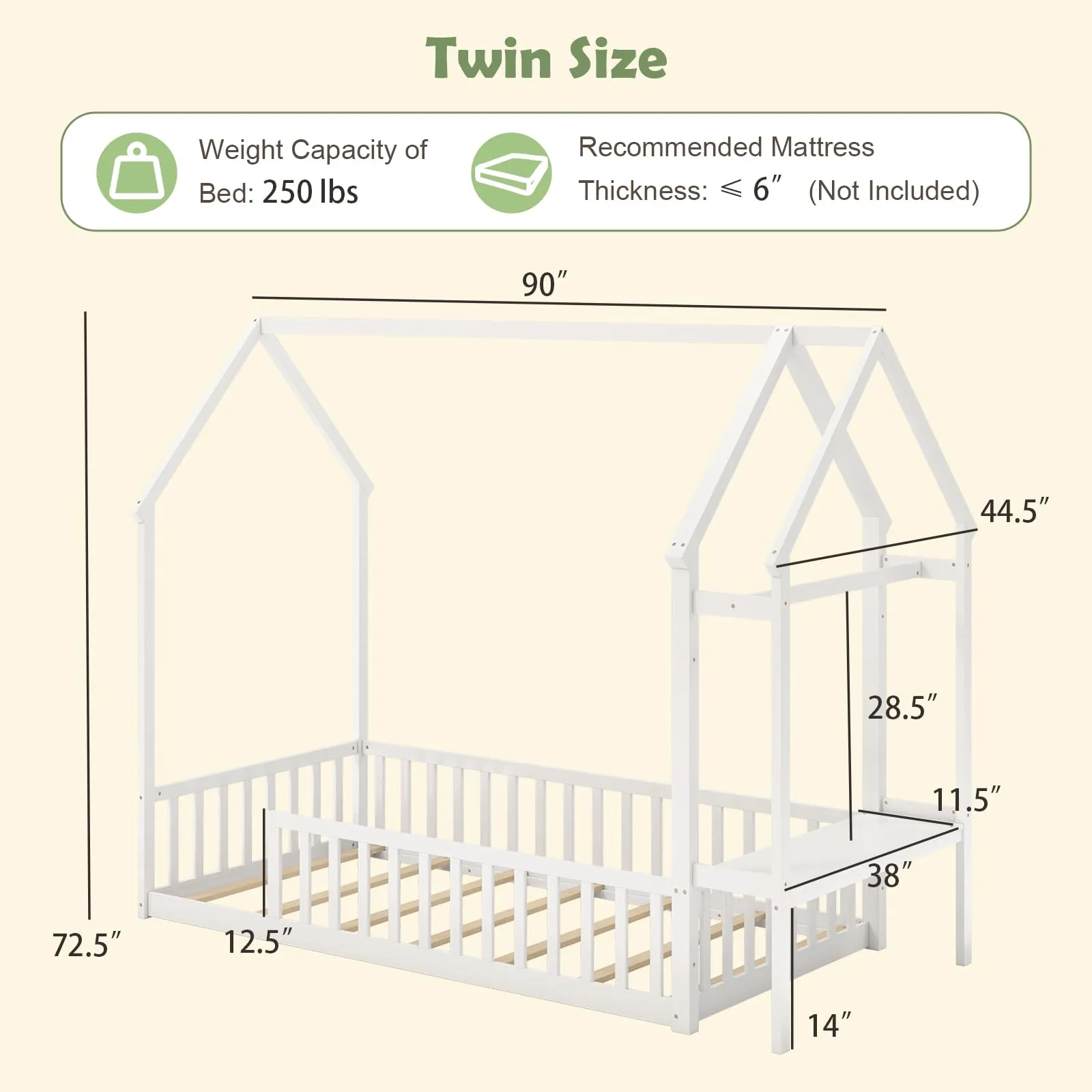 Giantex Twin House Floor Bed, Solid Wood Montessori Floor Bed with Detachable Storage Shelf & Clothes Hanger