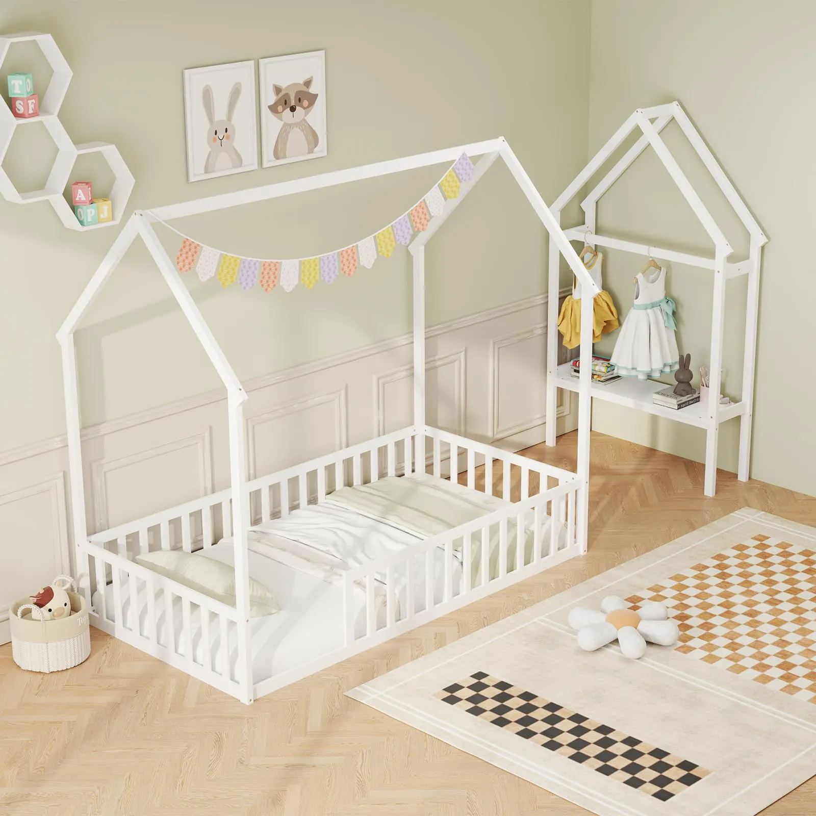Giantex Twin House Floor Bed, Solid Wood Montessori Floor Bed with Detachable Storage Shelf & Clothes Hanger