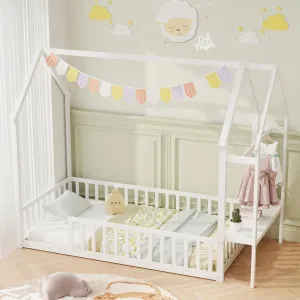 Giantex Twin House Floor Bed, Solid Wood Montessori Floor Bed with Detachable Storage Shelf & Clothes Hanger bed frame, queen bed