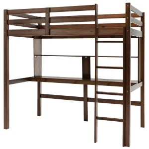 Giantex Twin Loft Bed with Desk and Bookshelf, Wooden Bed Frame with Safety Guardrail & Ladder bed frame, queen bed