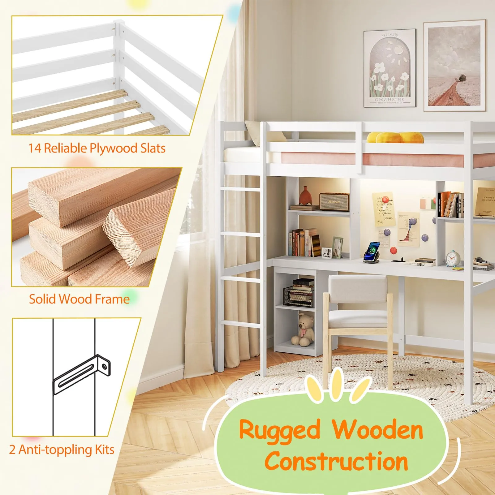 Giantex Twin Loft Bed with Desk and Hutch for Dorm Apartment