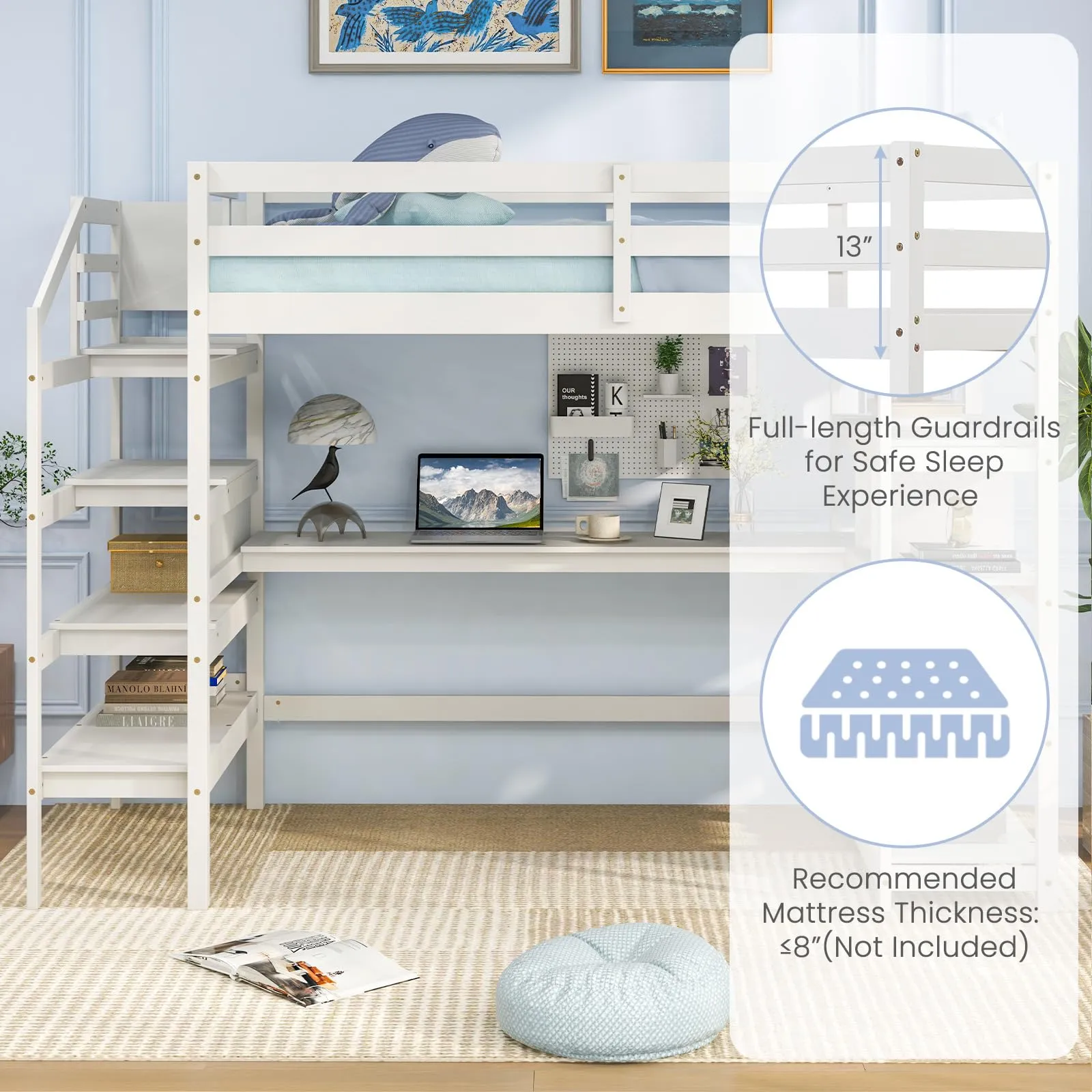 Giantex Twin Loft Bed with Desk and Stairs, Solid Wood High Loft Bed with 4-Tier Storage Shelves