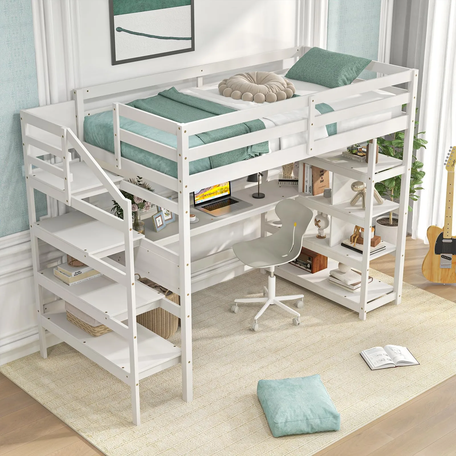 Giantex Twin Loft Bed with Desk and Stairs, Solid Wood High Loft Bed with 4-Tier Storage Shelves bed frame, queen bed
