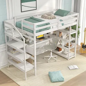 Giantex Twin Loft Bed with Desk and Stairs, Solid Wood High Loft Bed with 4-Tier Storage Shelves bed frame, queen bed