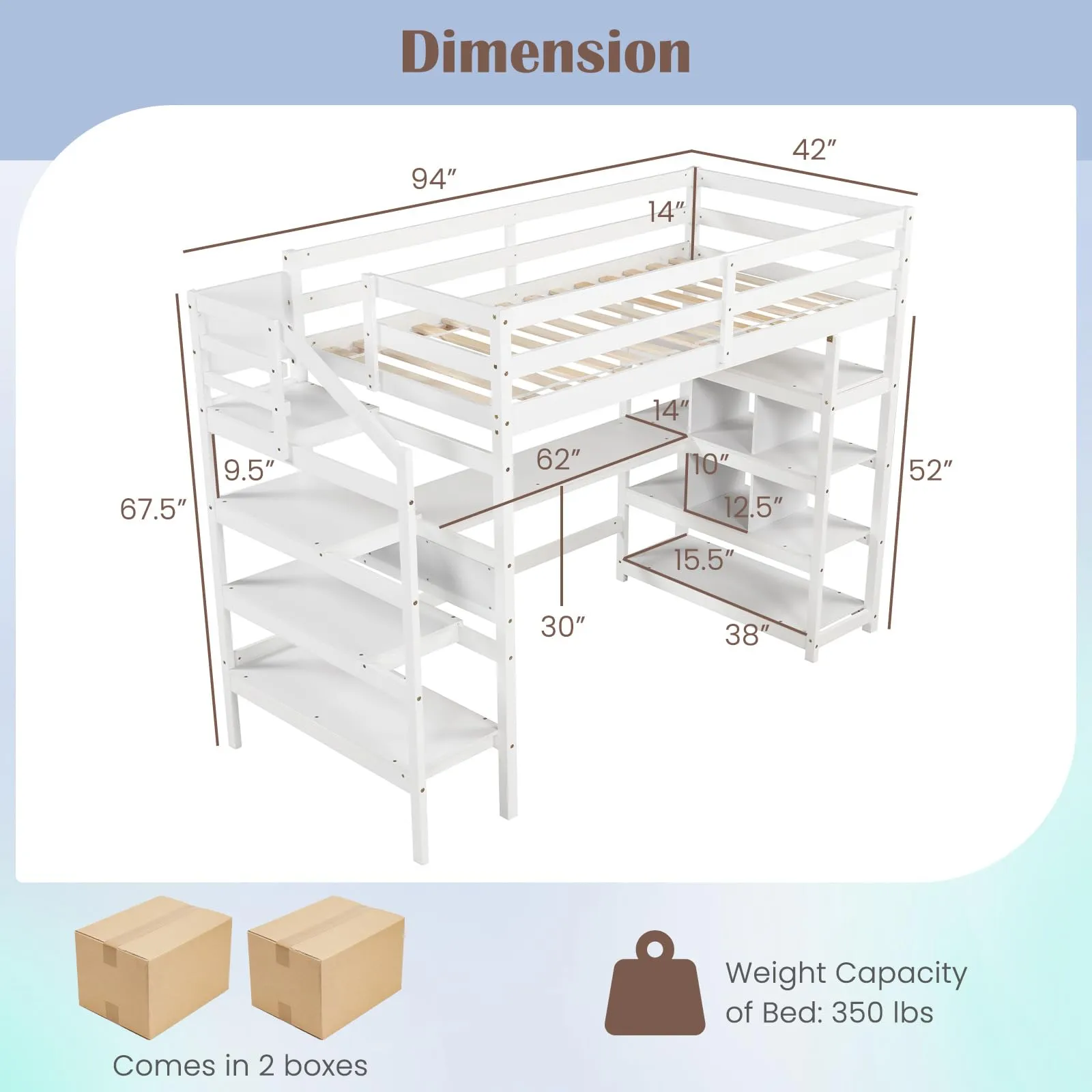 Giantex Twin Loft Bed with Desk and Stairs, Solid Wood High Loft Bed with 4-Tier Storage Shelves