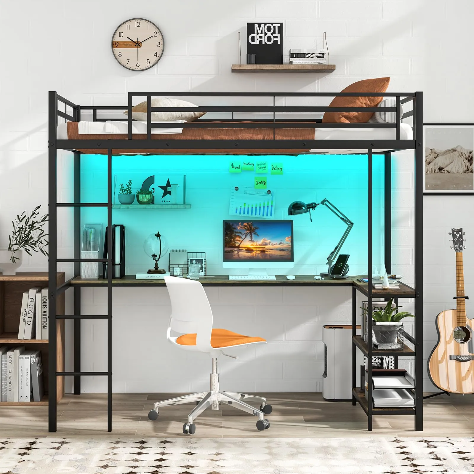 Giantex Twin Loft Bed with L-Shaped Desk, Metal Loft Bed Frame with LED Lights