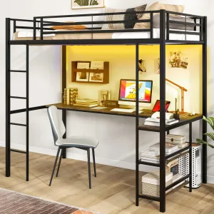 Giantex Twin Loft Bed with L-Shaped Desk, Metal Loft Bed Frame with LED Lights bed frame, queen bed