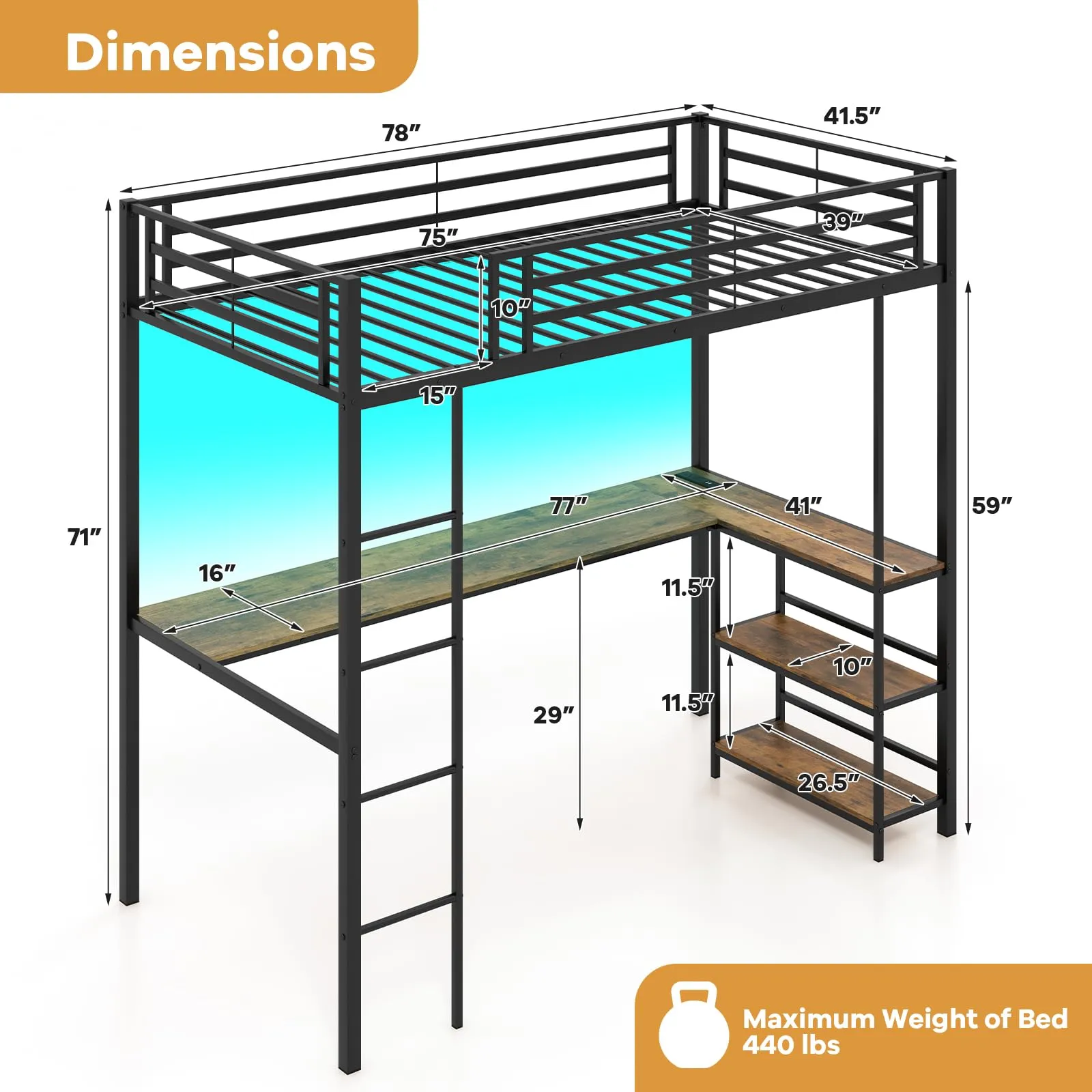 Giantex Twin Loft Bed with L-Shaped Desk, Metal Loft Bed Frame with LED Lights