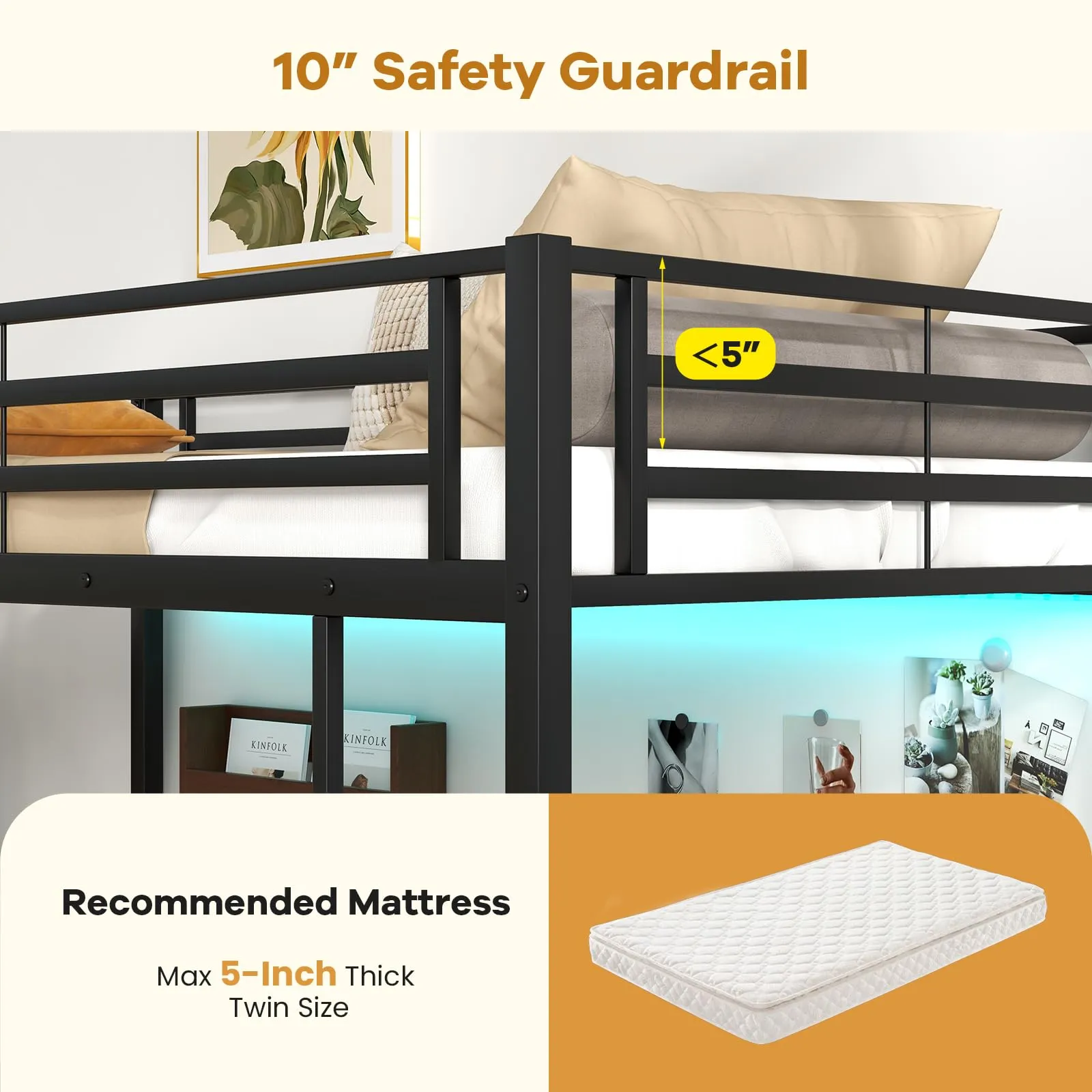 Giantex Twin Loft Bed with L-Shaped Desk, Metal Loft Bed Frame with LED Lights