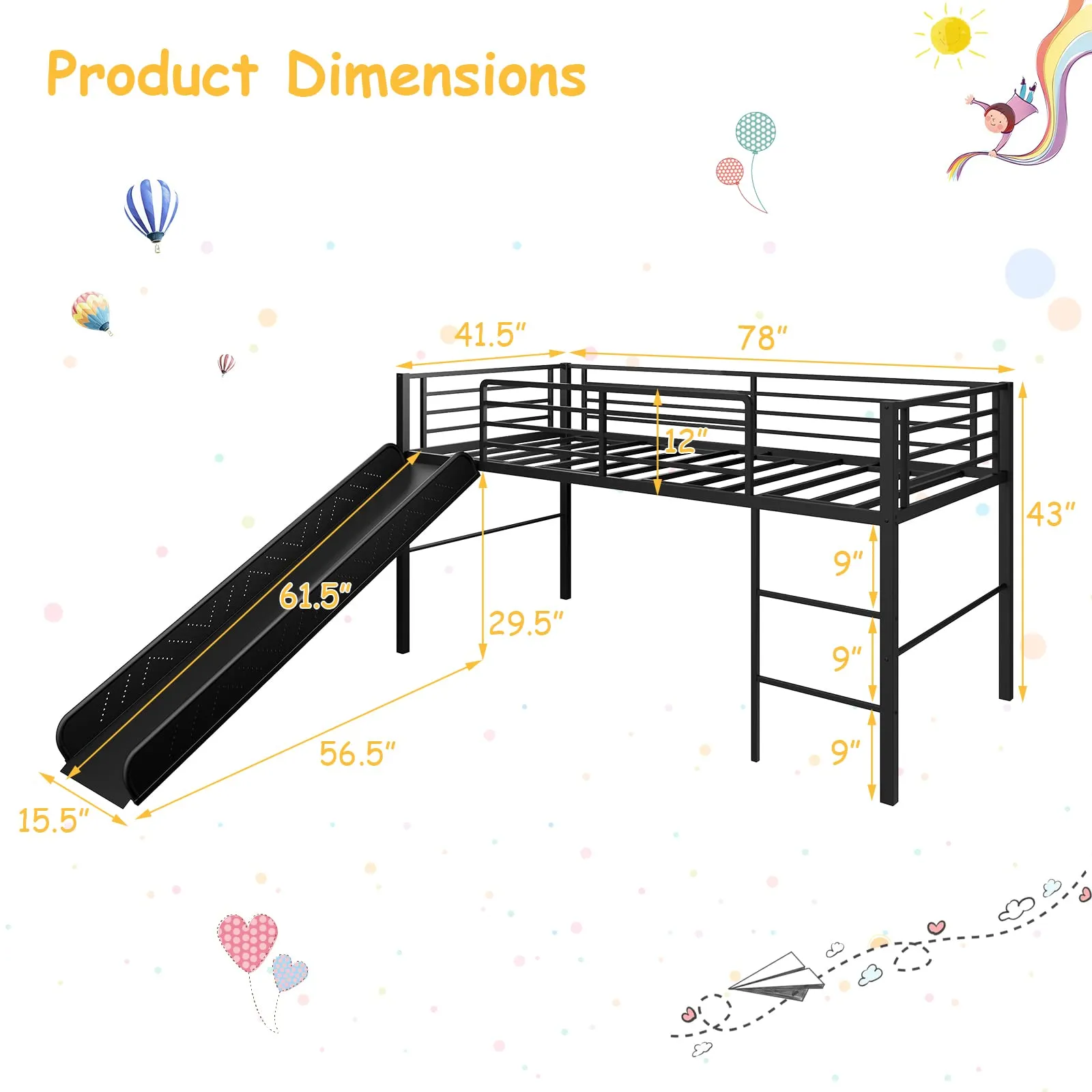Giantex Twin Loft Bed with Slide, Metal Low Bunk Bed