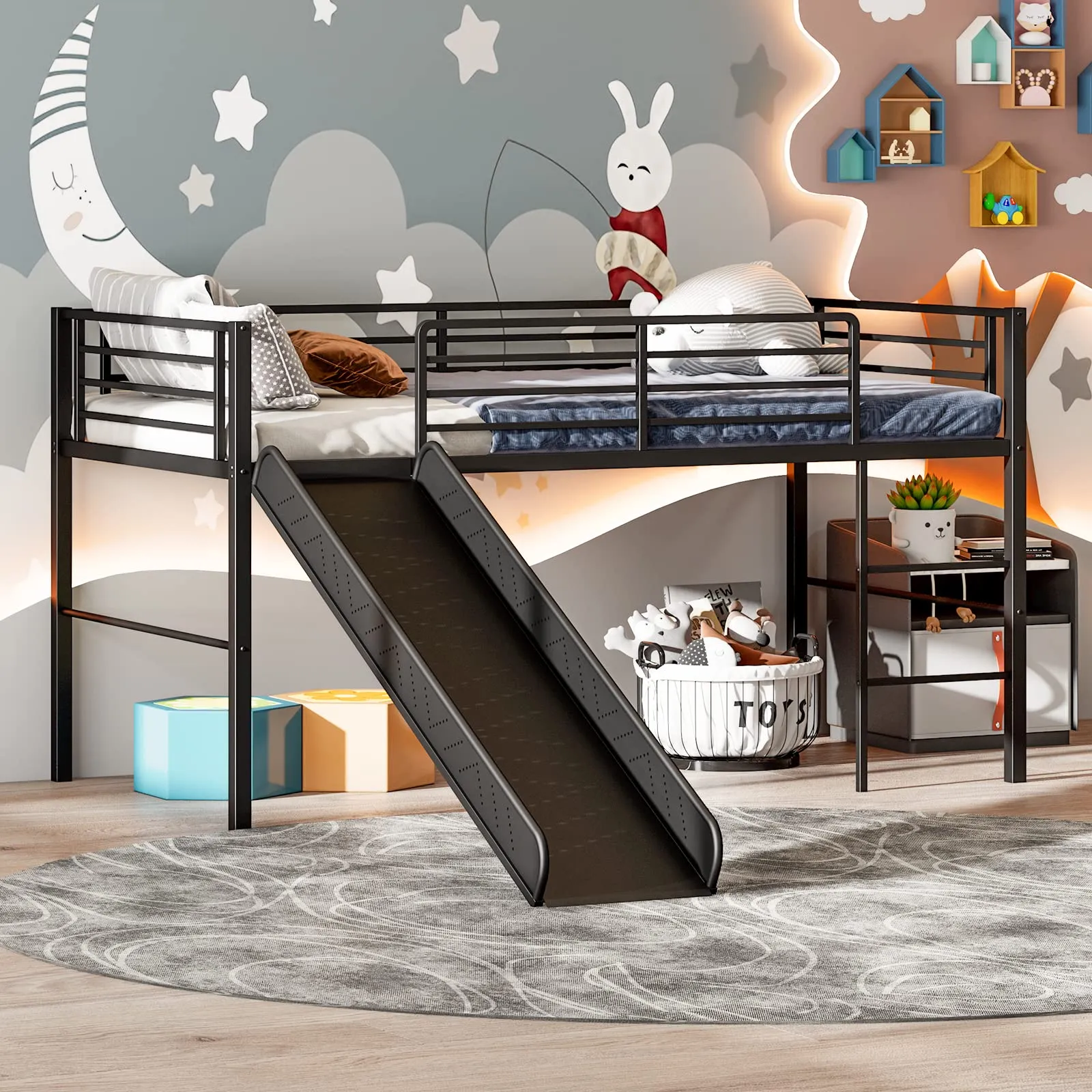 Giantex Twin Loft Bed with Slide, Metal Low Bunk Bed