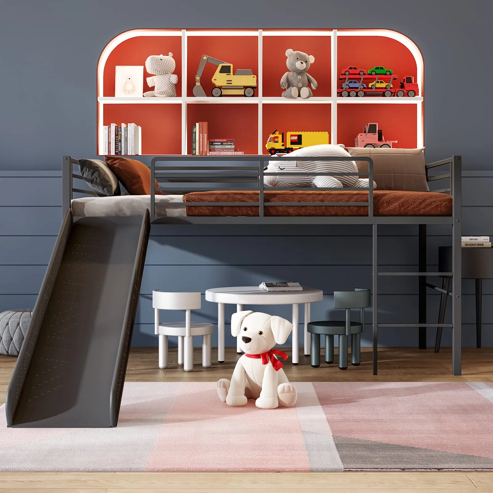 Giantex Twin Loft Bed with Slide, Metal Low Bunk Bed