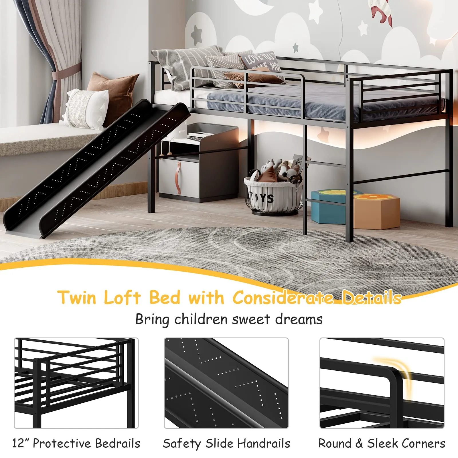 Giantex Twin Loft Bed with Slide, Metal Low Bunk Bed