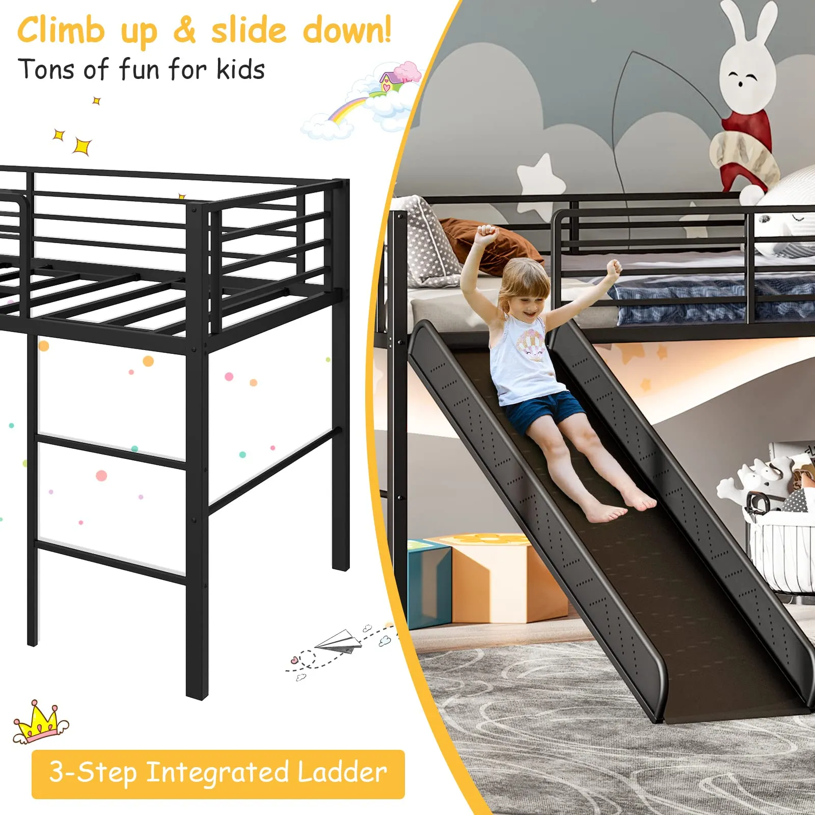 Giantex Twin Loft Bed with Slide, Metal Low Bunk Bed