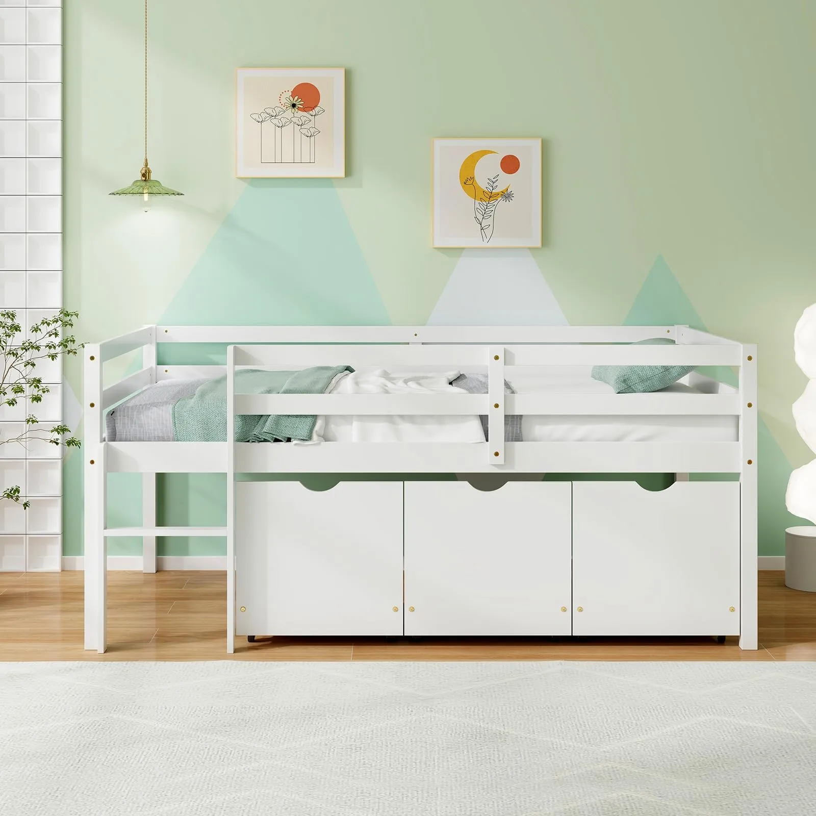 Giantex Twin Low Loft Bed with 3 Drawers, Wooden Loft Bed Frame with Ladder & Full-length Guardrails