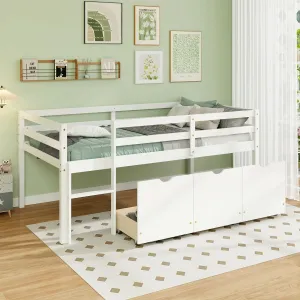 Giantex Twin Low Loft Bed with 3 Drawers, Wooden Loft Bed Frame with Ladder & Full-length Guardrails bed frame, queen bed