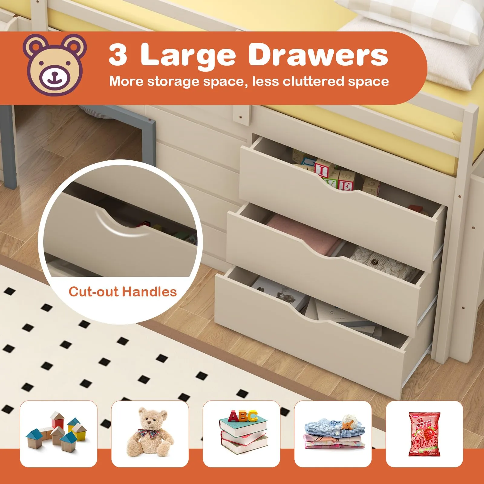 Giantex Twin Low Loft Bed with Slide, Solid Wood Twin Loft Bed with Ladder