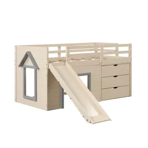 Giantex Twin Low Loft Bed with Slide, Solid Wood Twin Loft Bed with Ladder bed frame, queen bed