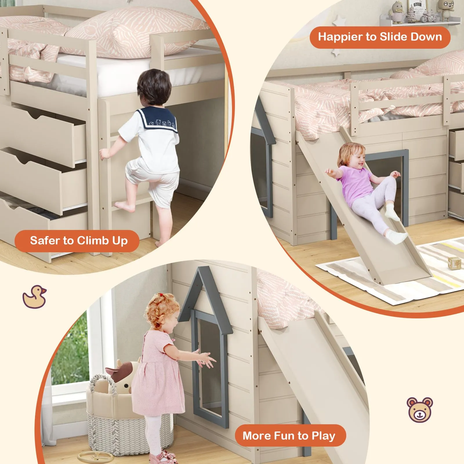 Giantex Twin Low Loft Bed with Slide, Solid Wood Twin Loft Bed with Ladder