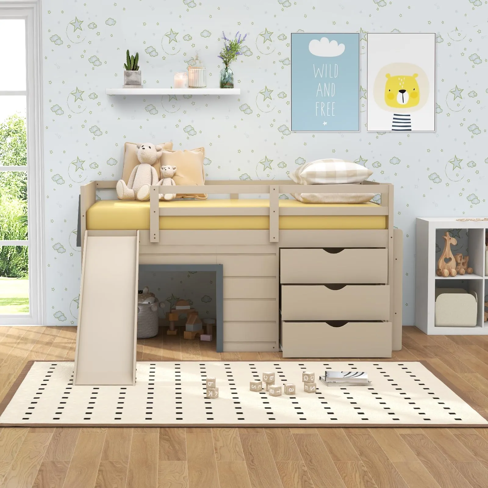 Giantex Twin Low Loft Bed with Slide, Solid Wood Twin Loft Bed with Ladder