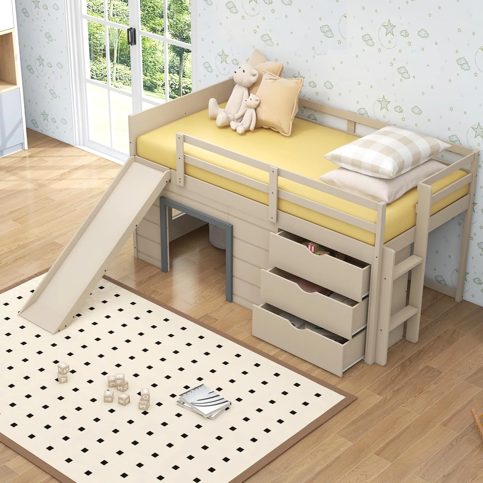 Giantex Twin Low Loft Bed with Slide, Solid Wood Twin Loft Bed with Ladder