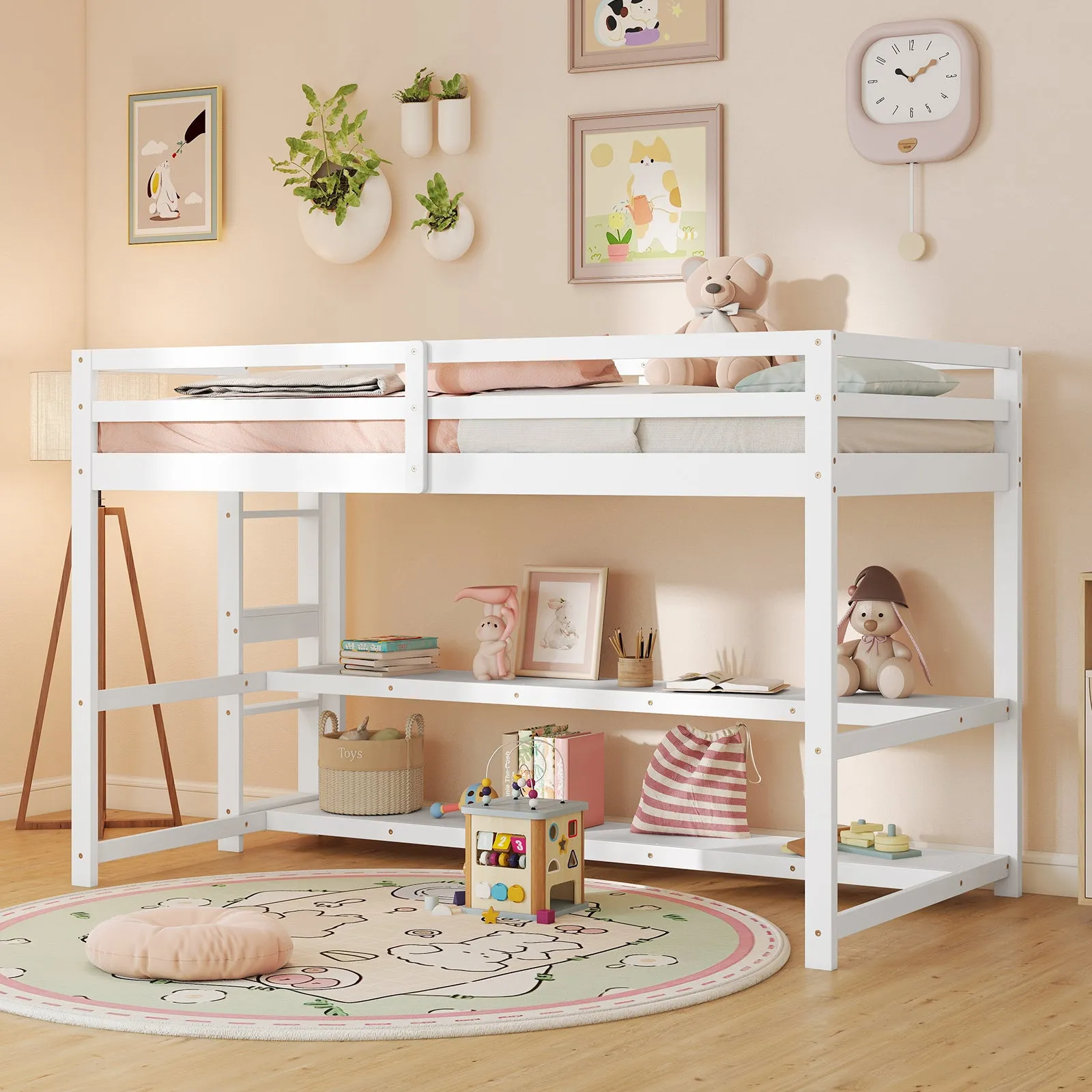 Giantex Twin Low Loft Bed with Storage Shelves