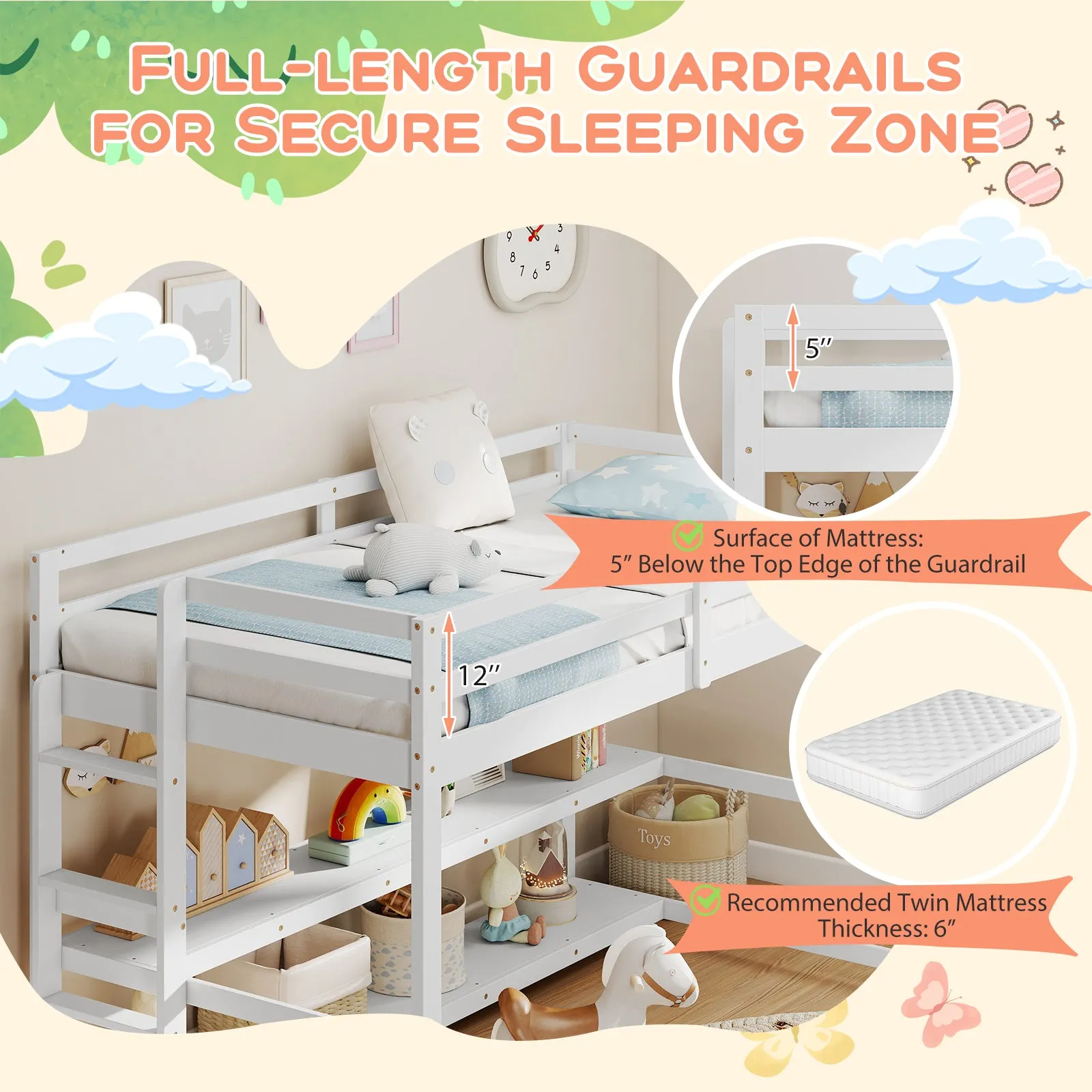 Giantex Twin Low Loft Bed with Storage Shelves