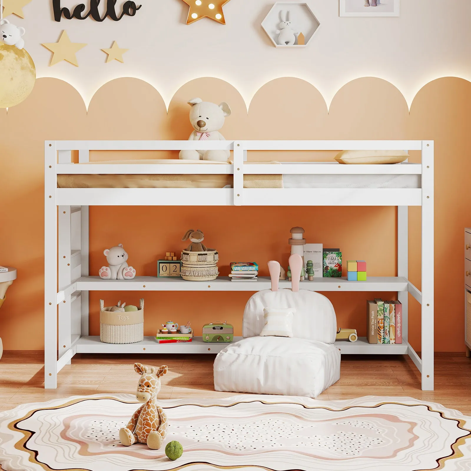 Giantex Twin Low Loft Bed with Storage Shelves