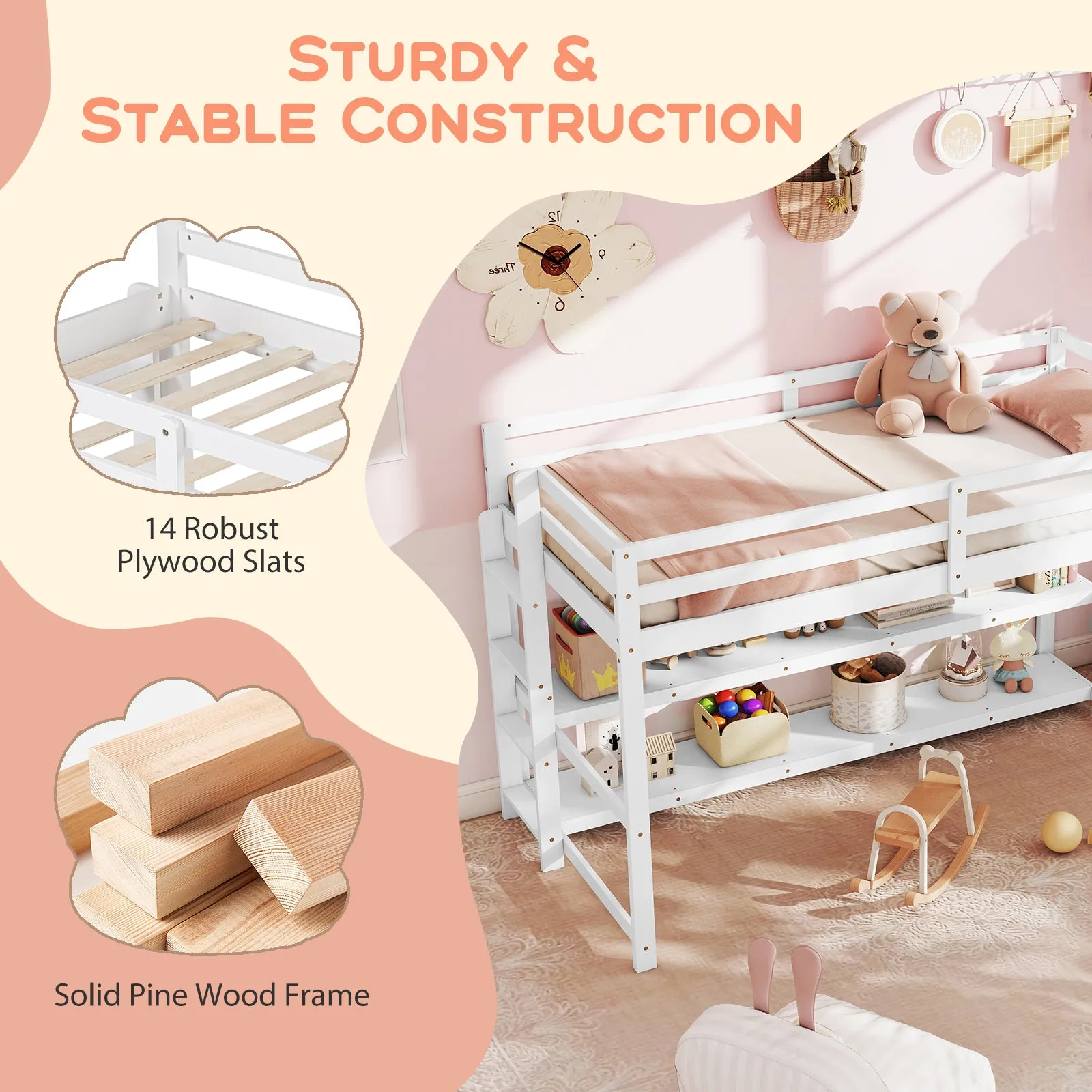 Giantex Twin Low Loft Bed with Storage Shelves