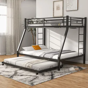 Giantex Twin Over Full Bunk Bed with Trundle, Heavy-Duty Metal Triple Bunk Beds w/Two Side Ladders & Safety Guard Rail, Black bed frame, queen bed