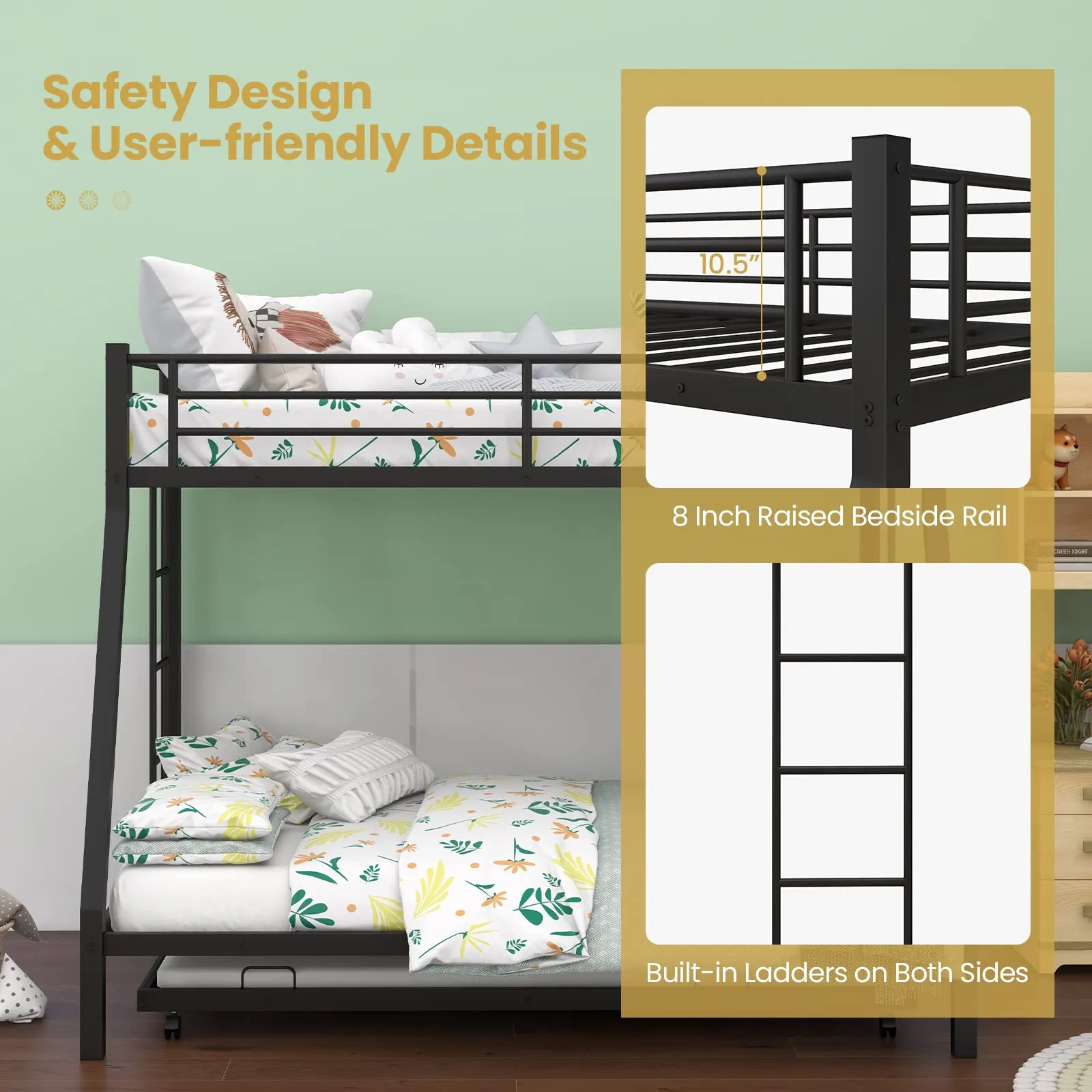 Giantex Twin Over Full Bunk Bed with Trundle, Heavy-Duty Metal Triple Bunk Beds w/Two Side Ladders & Safety Guard Rail, Black