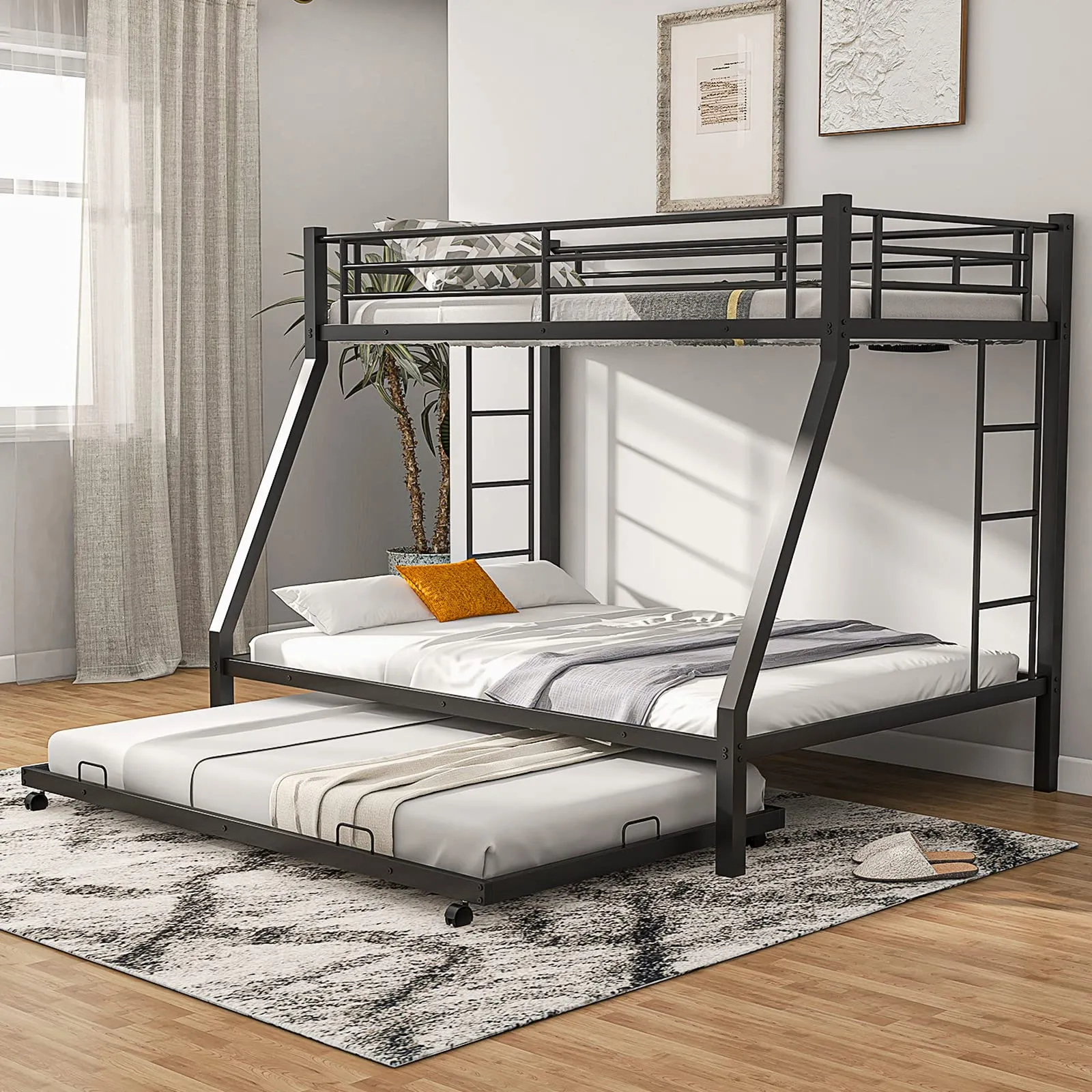 Giantex Twin Over Full Bunk Bed with Trundle, Heavy-Duty Metal Triple Bunk Beds w/Two Side Ladders & Safety Guard Rail, Black bed frame, queen bed
