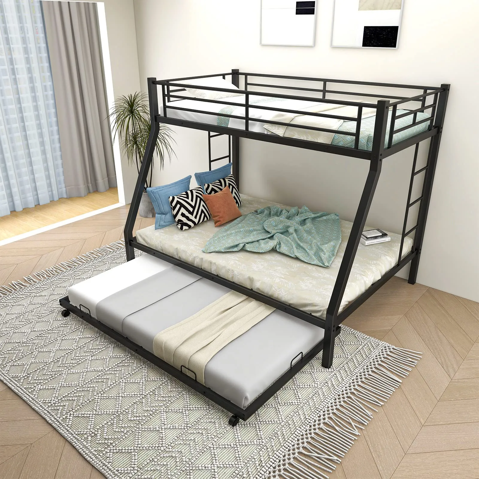 Giantex Twin Over Full Bunk Bed with Trundle, Heavy-Duty Metal Triple Bunk Beds w/Two Side Ladders & Safety Guard Rail, Black