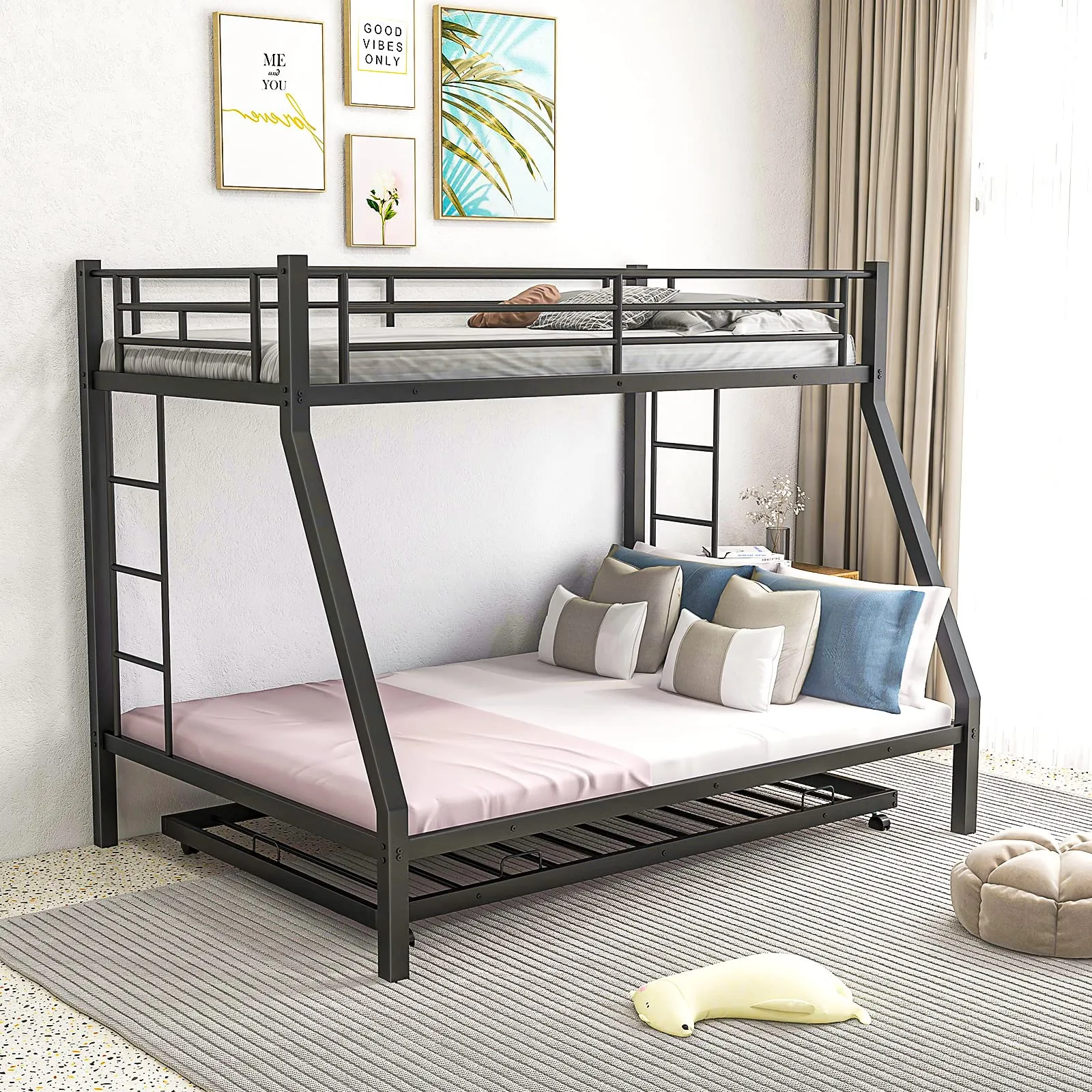 Giantex Twin Over Full Bunk Bed with Trundle, Heavy-Duty Metal Triple Bunk Beds w/Two Side Ladders & Safety Guard Rail, Black