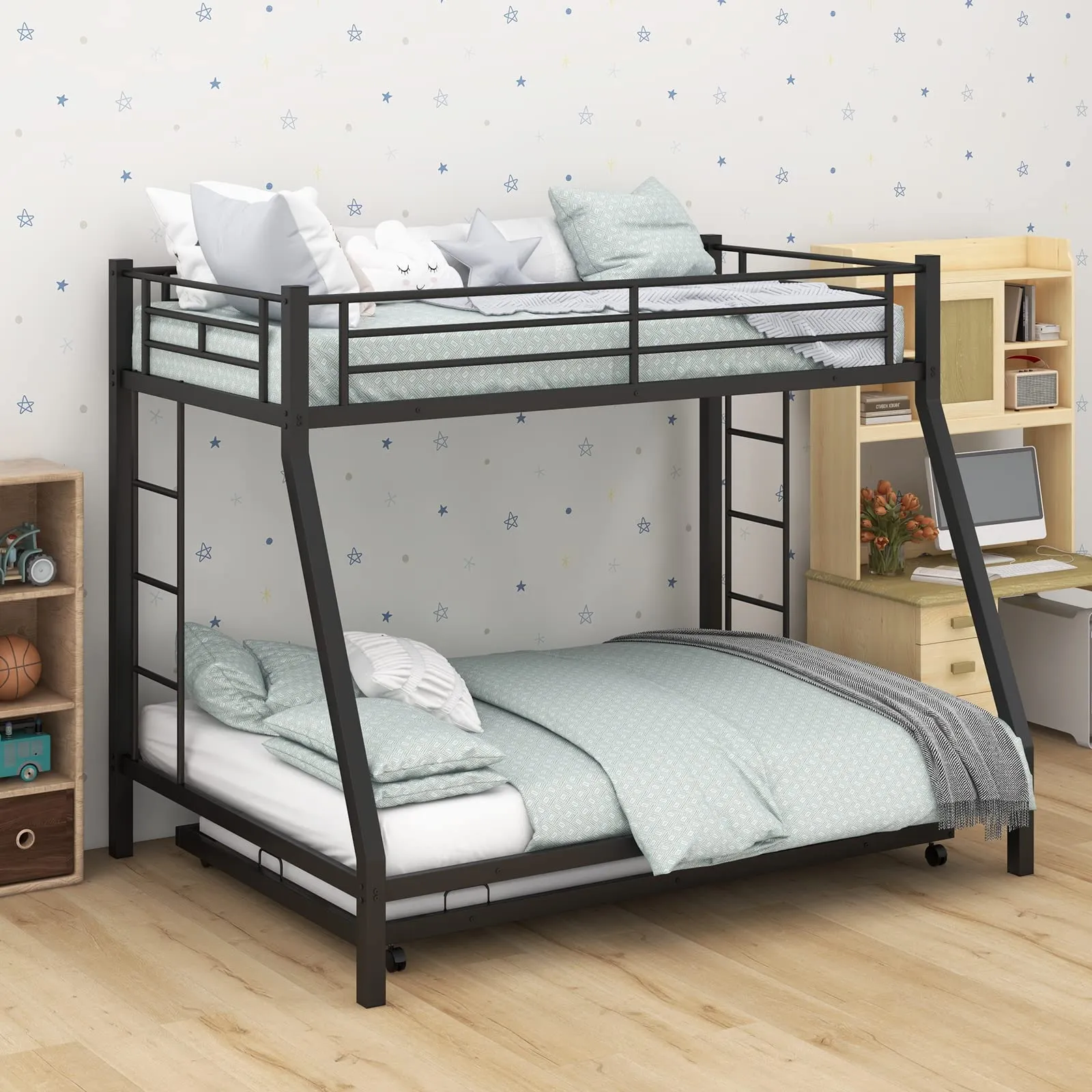 Giantex Twin Over Full Bunk Bed with Trundle, Heavy-Duty Metal Triple Bunk Beds w/Two Side Ladders & Safety Guard Rail, Black