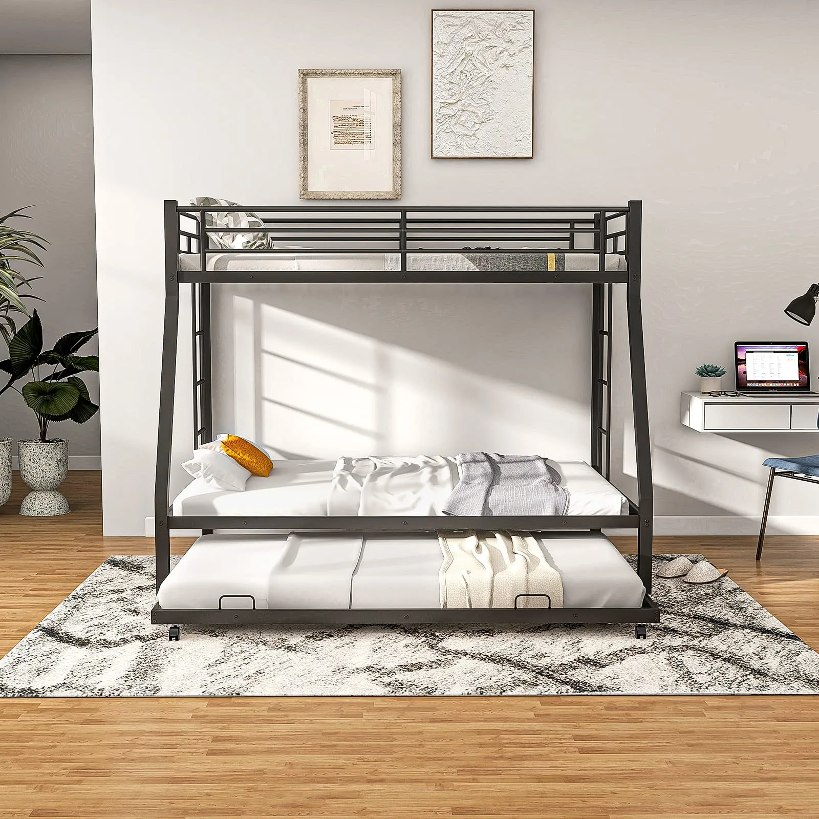 Giantex Twin Over Full Bunk Bed with Trundle, Heavy-Duty Metal Triple Bunk Beds w/Two Side Ladders & Safety Guard Rail, Black