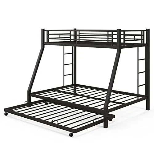 Giantex Twin Over Full Bunk Bed with Trundle, Heavy-Duty Metal Triple Bunk Beds w/Two Side Ladders & Safety Guard Rail, Black