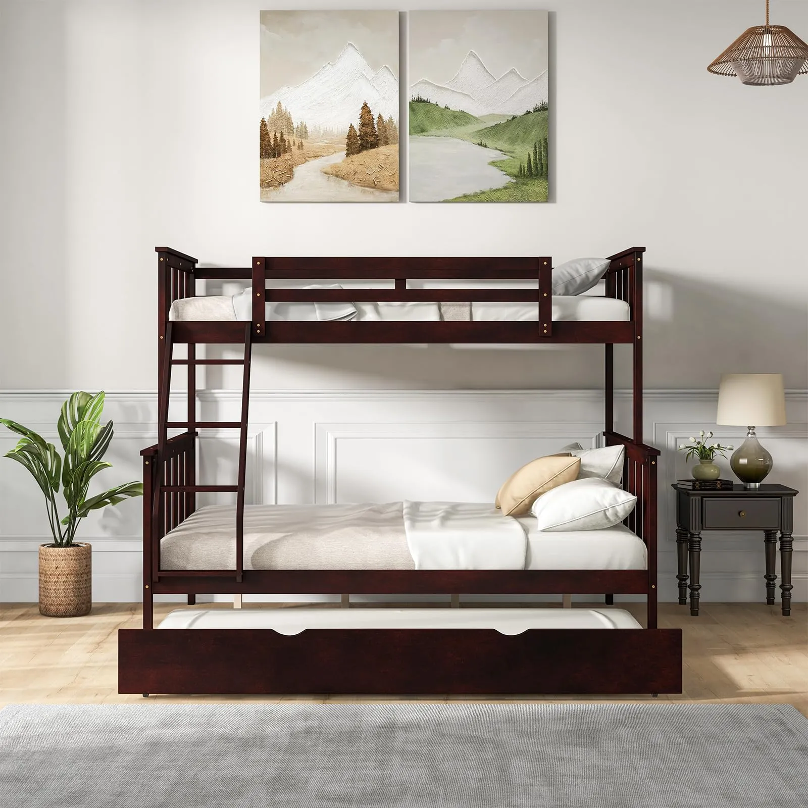Giantex Twin Over Full Bunk Bed with Trundle, Reversible Ladder & Safety Guardrails