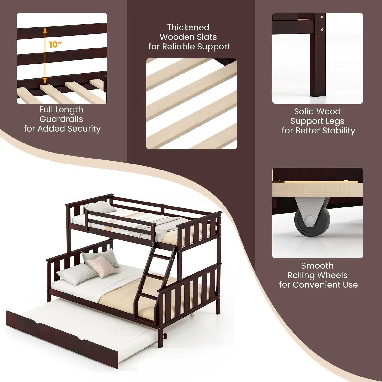Giantex Twin Over Full Bunk Bed with Trundle, Reversible Ladder & Safety Guardrails