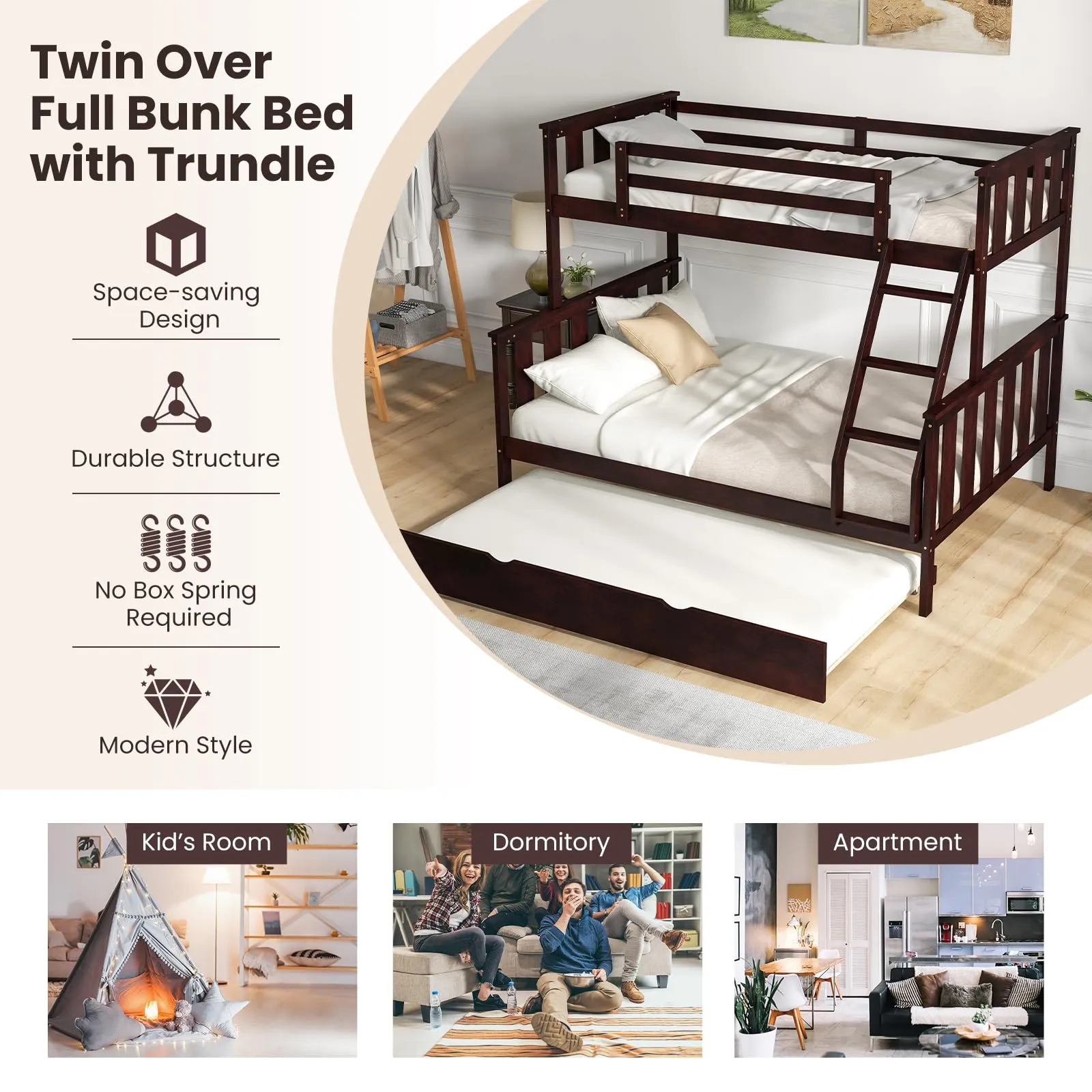 Giantex Twin Over Full Bunk Bed with Trundle, Reversible Ladder & Safety Guardrails