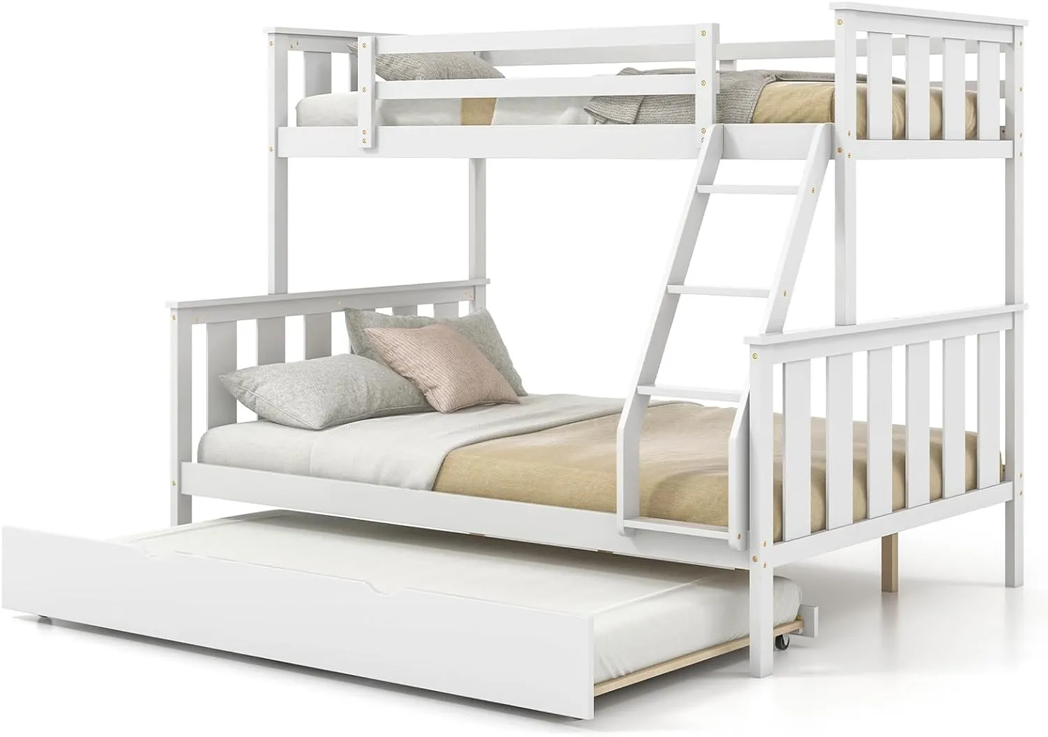 Giantex Twin Over Full Bunk Bed with Trundle, Reversible Ladder & Safety Guardrails