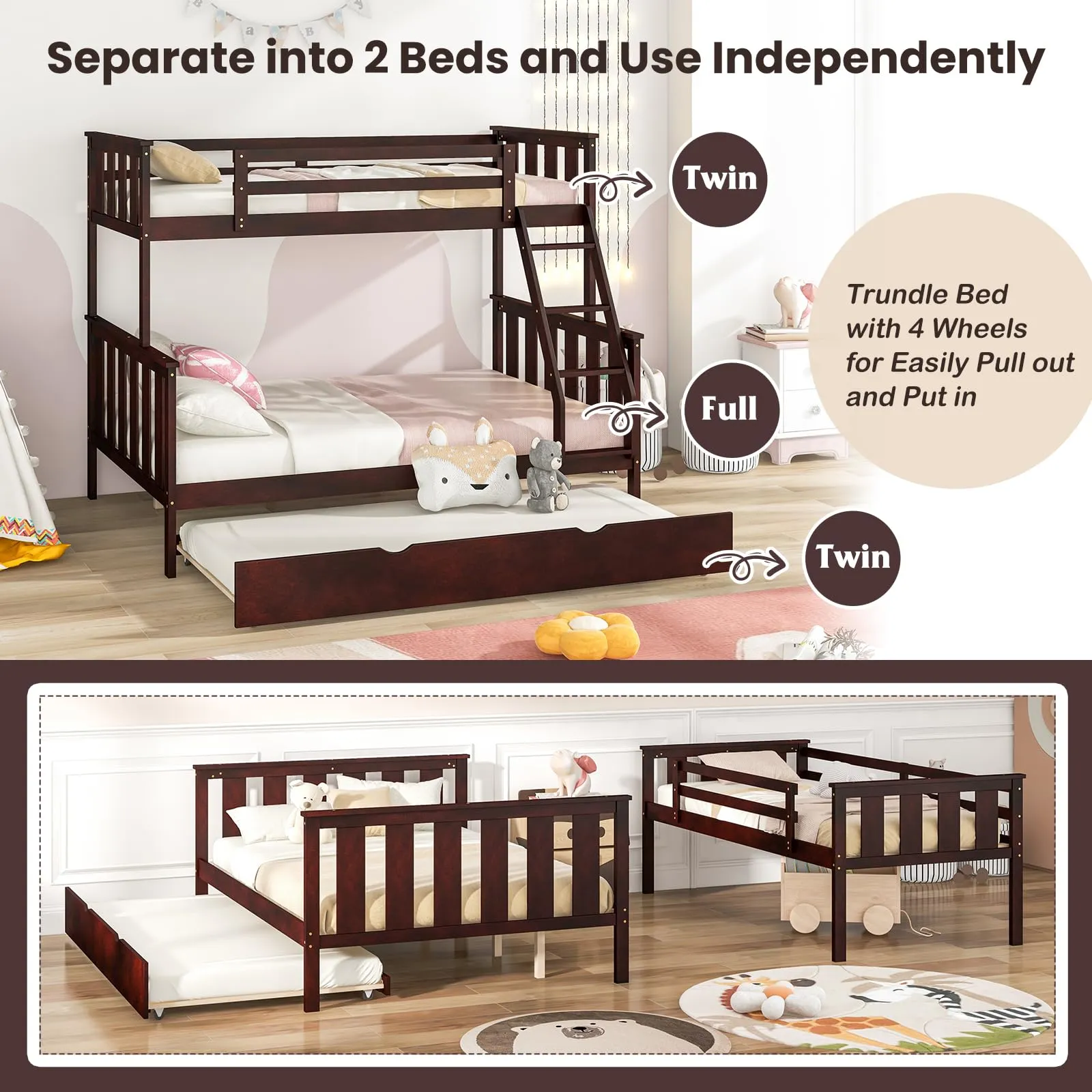 Giantex Twin Over Full Bunk Bed with Trundle, Reversible Ladder & Safety Guardrails