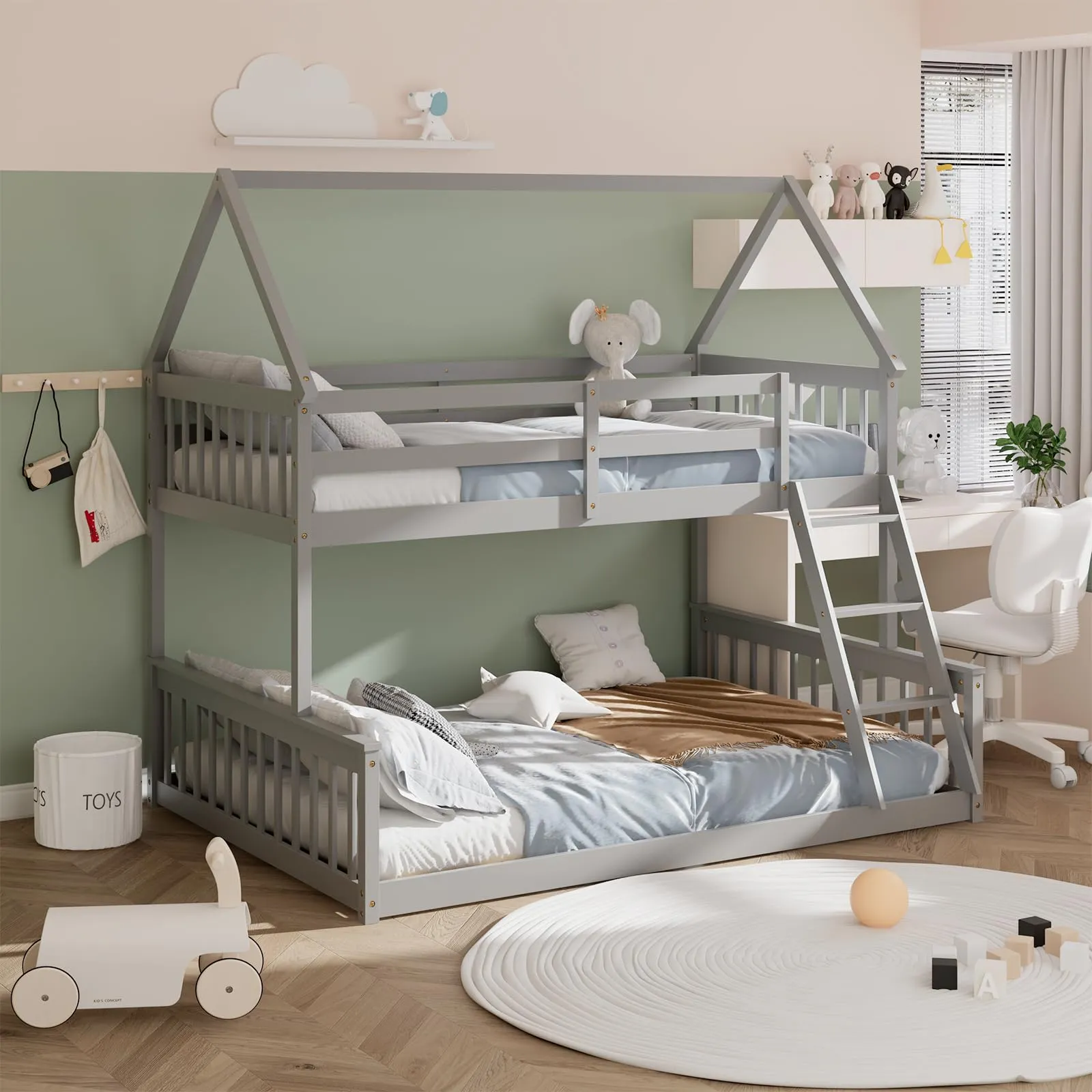 Giantex Twin Over Full House Bunk Bed, Floor Low Bunk Bed Frame w/Integrated Ladder & Safety Guardrails