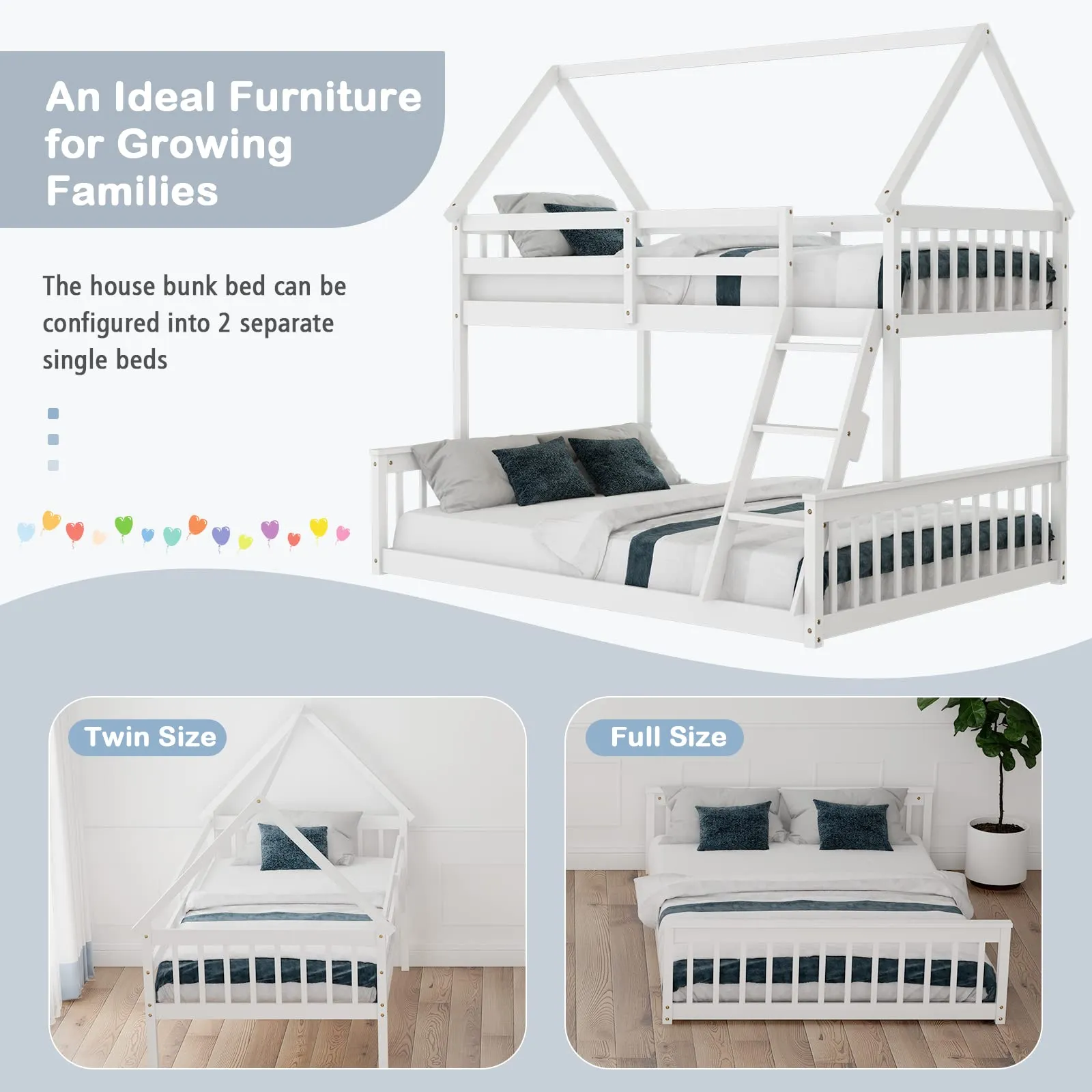 Giantex Twin Over Full House Bunk Bed, Floor Low Bunk Bed Frame w/Integrated Ladder & Safety Guardrails